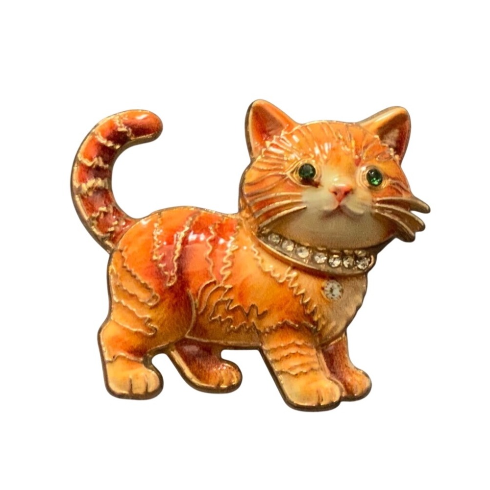 Vintage Orange Tabby Cat Brooch Enamel Rhinestone Kitten Pin Gold Tone Feline
